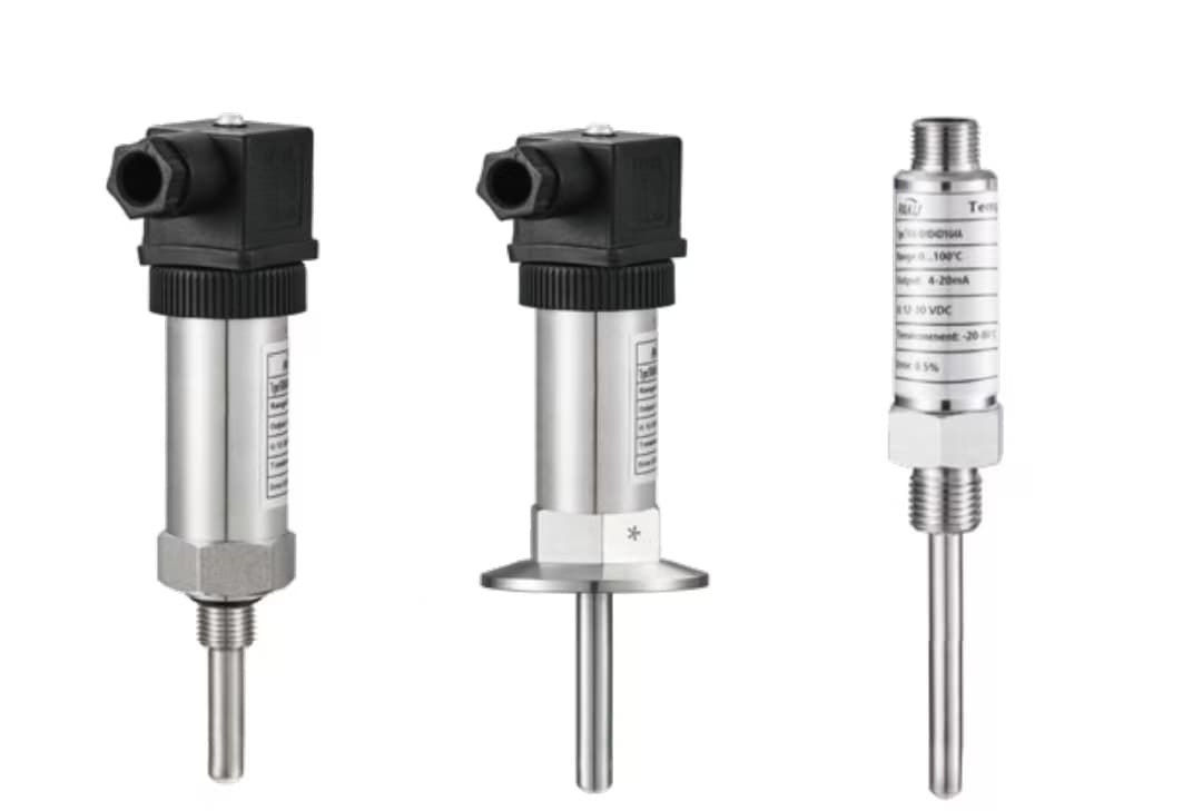Three industrial stainless steel temperature sensors with various mounting threads, flanges, and electrical connectors.