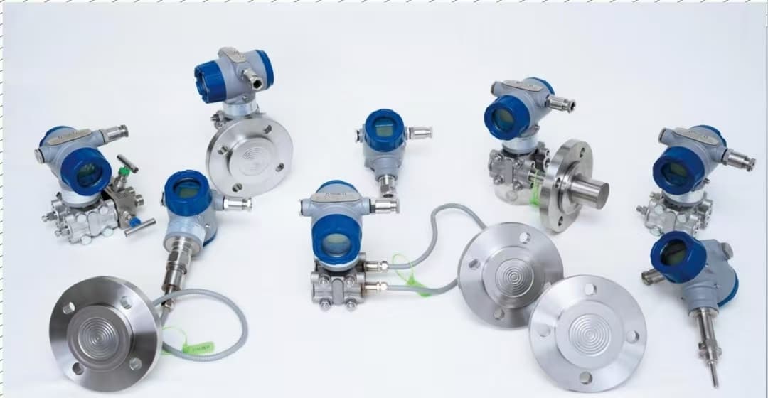Assortment of industrial pressure transmitters with blue digital displays and stainless steel flange connections.