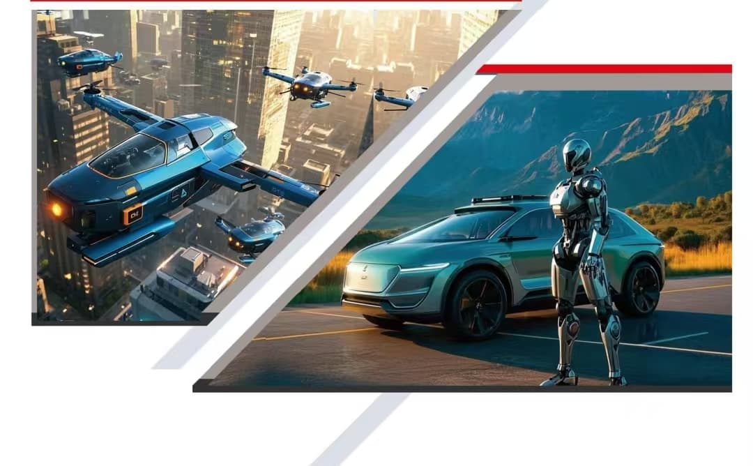 Futuristic flying drones over a city and a robot standing by a sleek electric car.