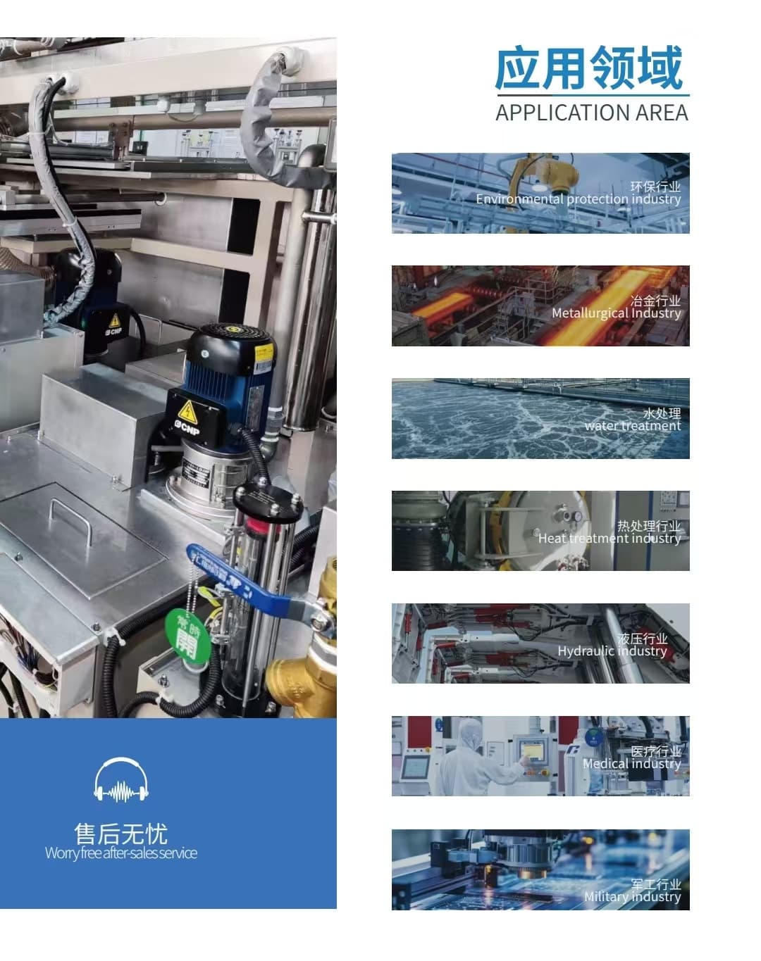 Industrial machinery with application areas including environmental, medical, military, and water treatment industries.